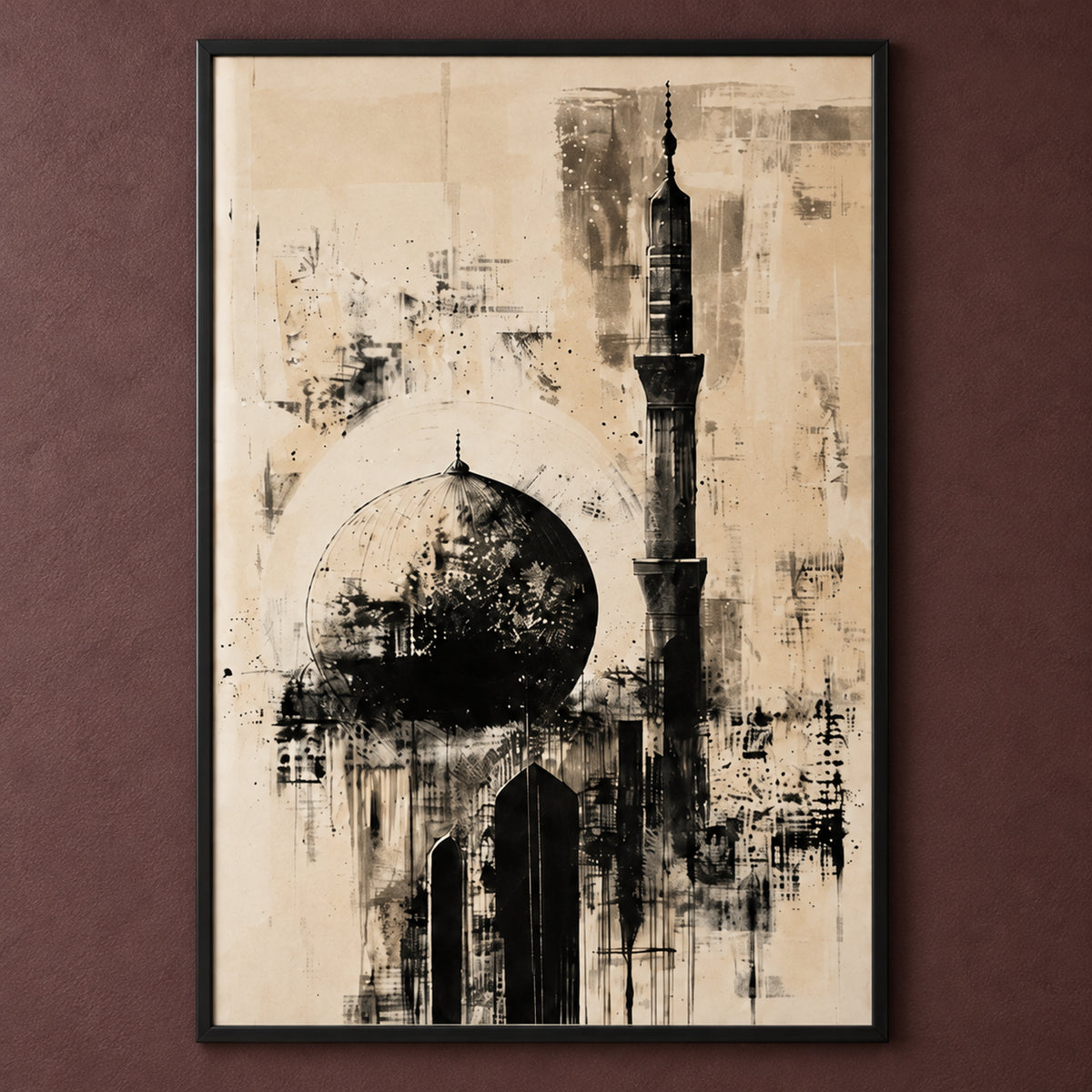 Artwork close-up of The Silent Minaret, with a mosque dome, slender minaret and pointed arches in expressive black and grey marks on warm ivory.
