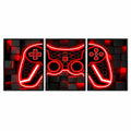 Neon Play set of three black-framed prints forming a red neon-style gaming controller on a dark geometric background.