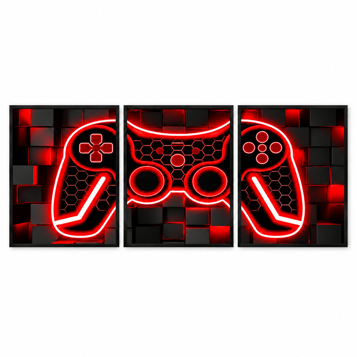 Neon Play set of three black-framed prints forming a red neon-style gaming controller on a dark geometric background.