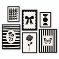 Noir Bloom gallery set of six black frames with a bow, flowers, butterfly, Happy lettering and geometric shapes in black and ivory.