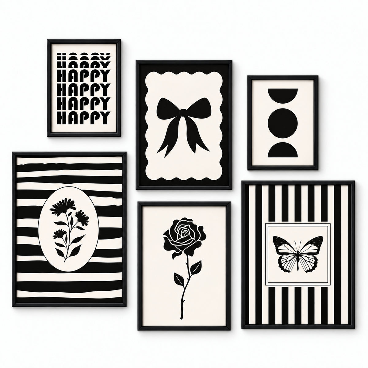 Noir Bloom gallery set of six black frames with a bow, flowers, butterfly, Happy lettering and geometric shapes in black and ivory.