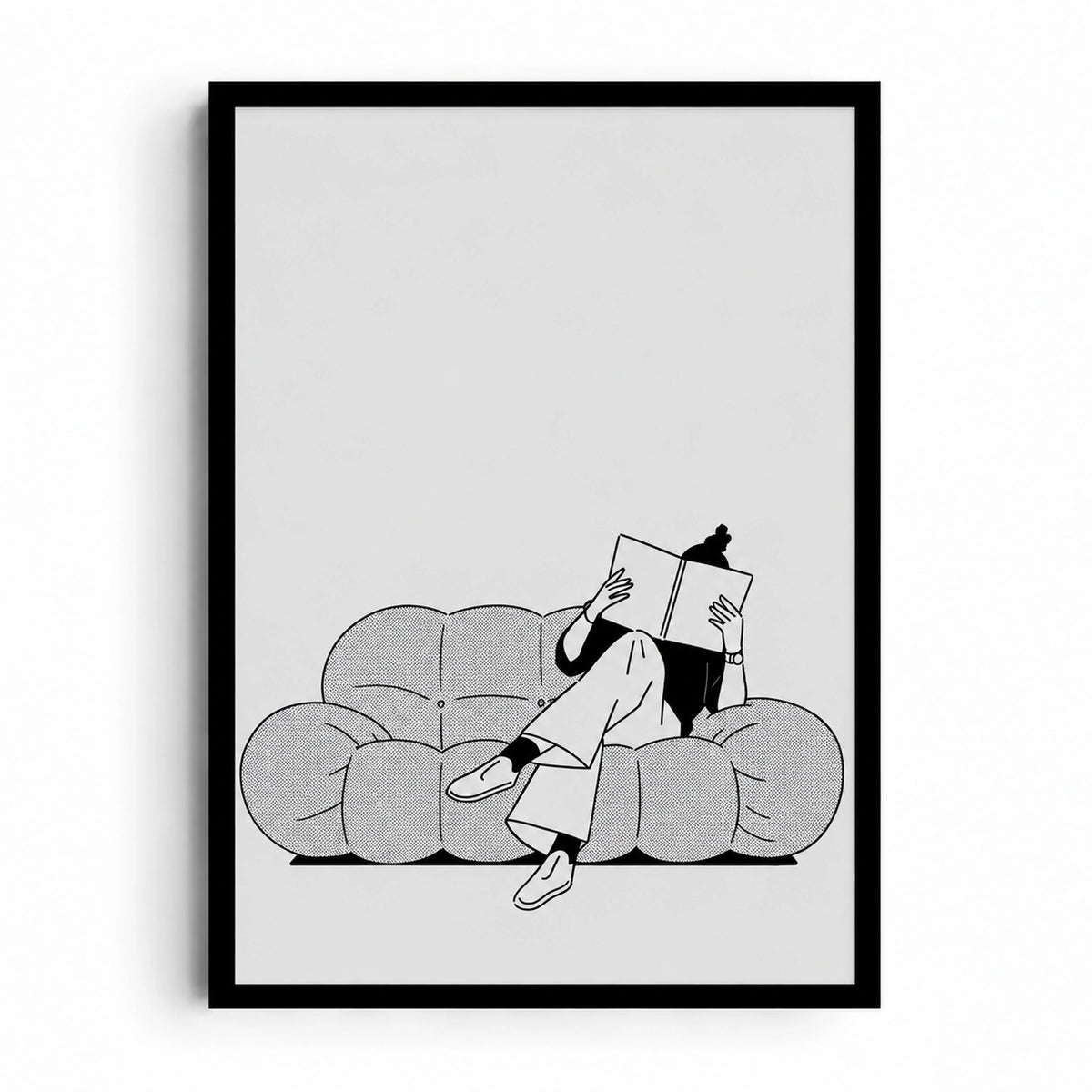 One More Chapter artwork showing a reader with an open book seated on a rounded sofa in black-and-white line art.