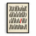 Out of Line artwork showing rows of slanted black bars and one contrasting red bar on a textured cream background.