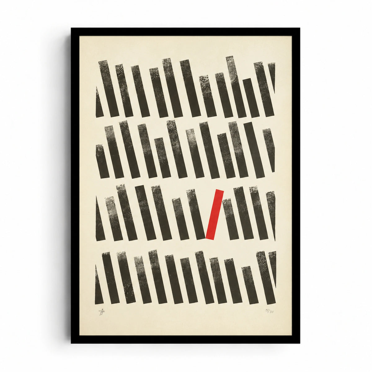 Out of Line artwork showing rows of slanted black bars and one contrasting red bar on a textured cream background.