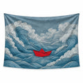 Paper Voyager wall tapestry with a red paper boat among towering blue waves and finely lined white foam.