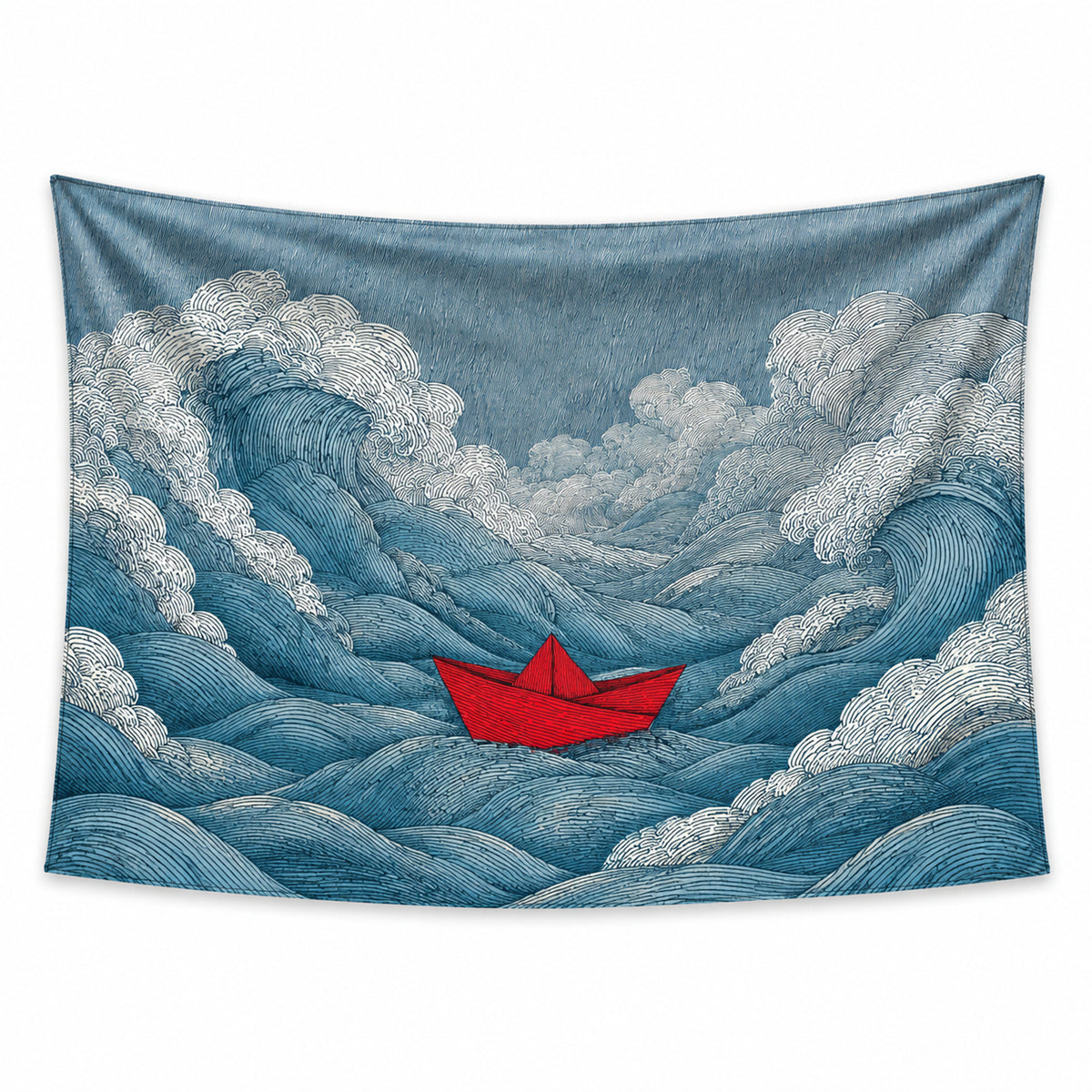 Paper Voyager wall tapestry with a red paper boat among towering blue waves and finely lined white foam.