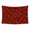 Pixel Inferno wall tapestry with repeating red pixel flames edged in yellow and orange on a black background.