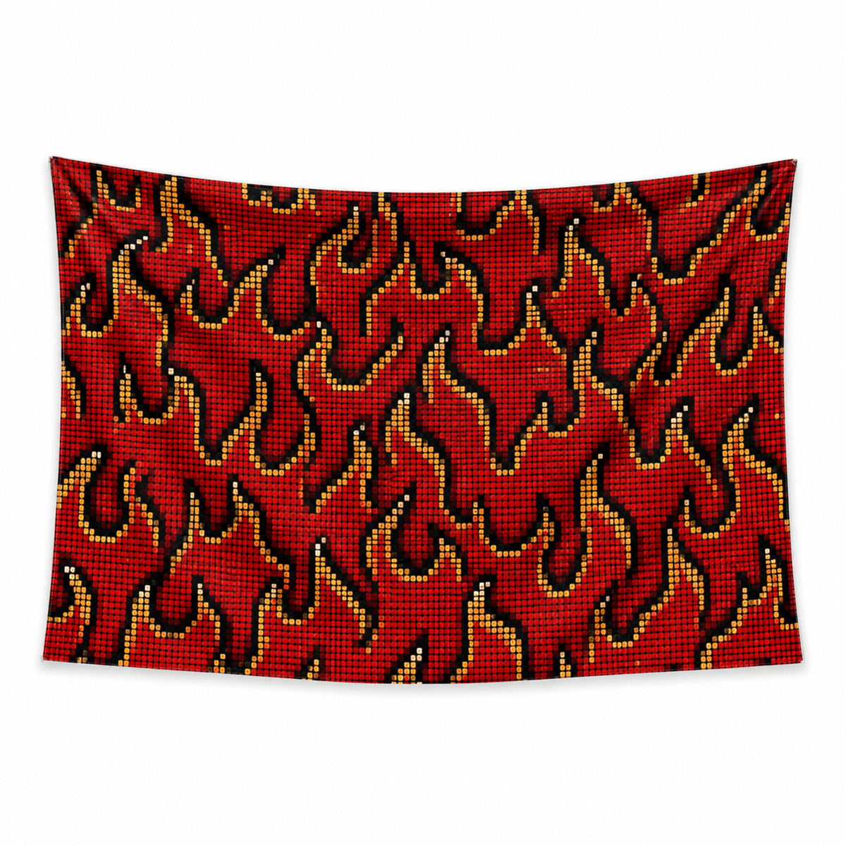Pixel Inferno wall tapestry with repeating red pixel flames edged in yellow and orange on a black background.