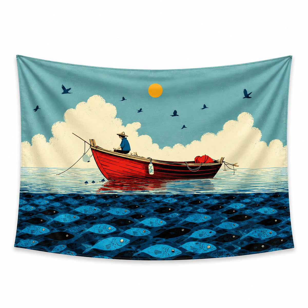 Quiet Current wall tapestry with an angler in a red boat, cream clouds, a golden sun and blue fish below the water.