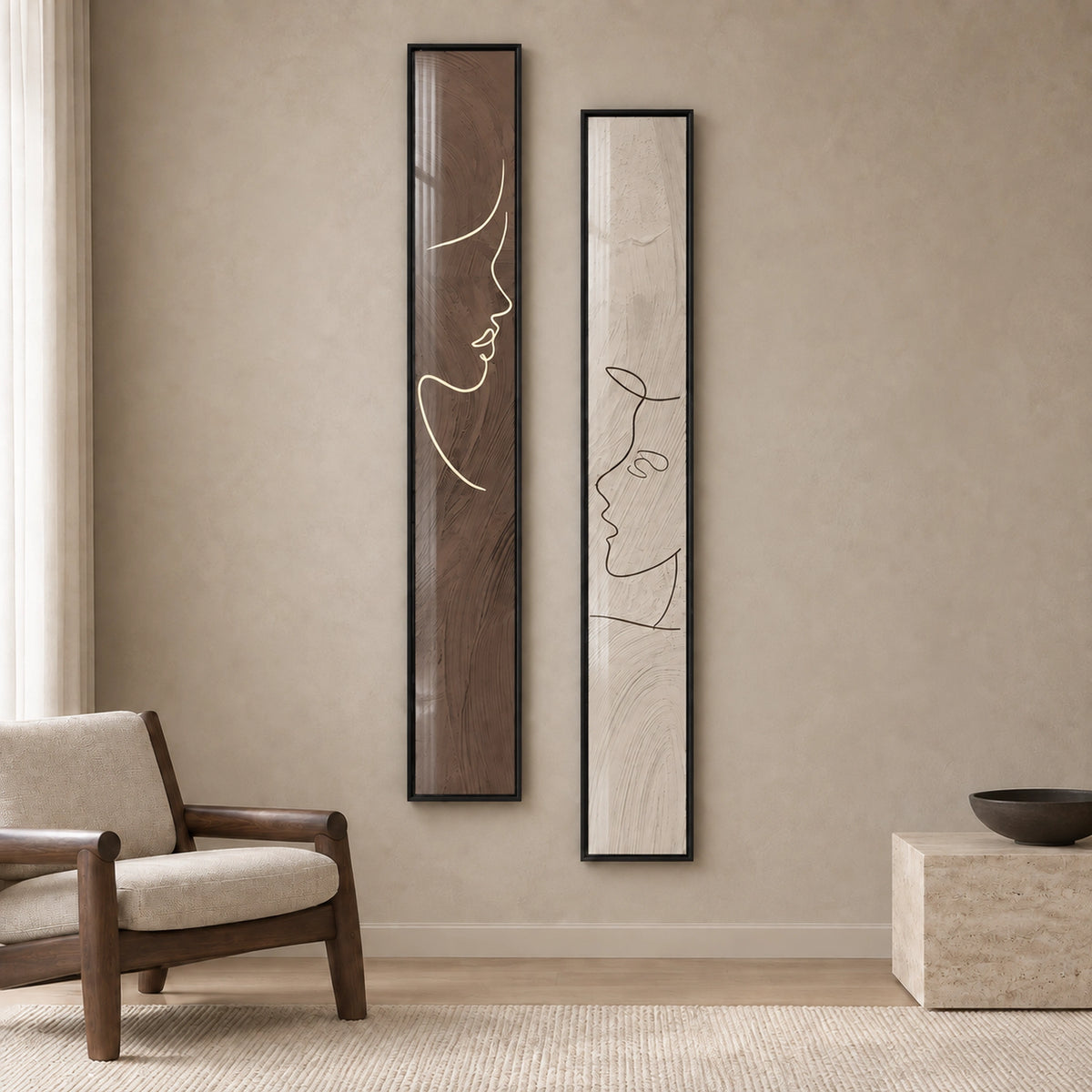 Quiet Dialogue set of two tall brown and ivory line-art portrait prints in thin black frames behind glass, shown from the front.