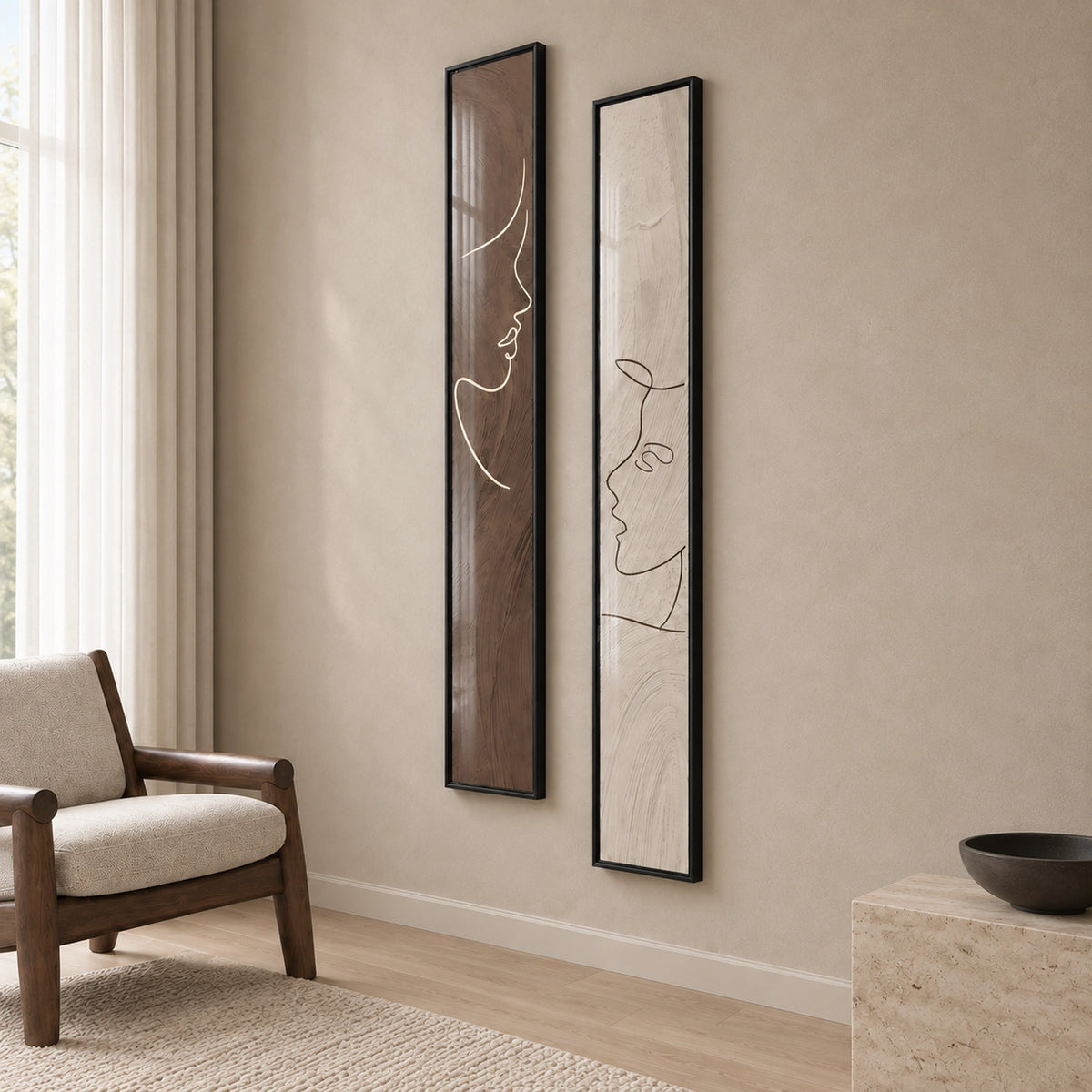 Angled view of the Quiet Dialogue two-piece portrait print set, showing thin black frame depth and subtle glass reflections.