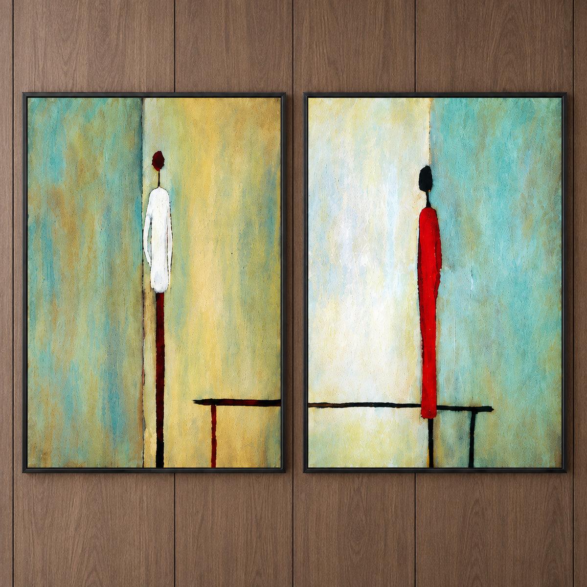 Artwork close-up of Between Us, with elongated ivory and red figures, dark linear accents and painterly turquoise, yellow and cream backgrounds.