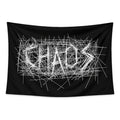 Raw Chaos wall tapestry with the word CHAOS formed from overlapping white scratch lines on a solid black background.