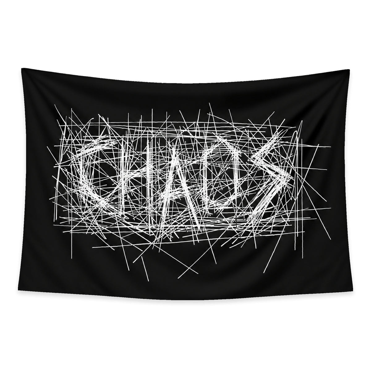 Raw Chaos wall tapestry with the word CHAOS formed from overlapping white scratch lines on a solid black background.