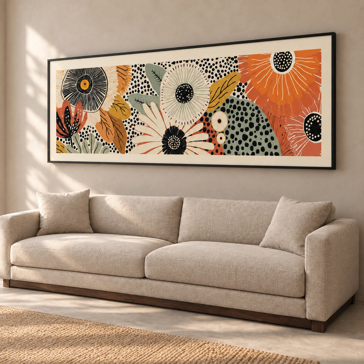 Angled view of Retro Bloom floral wall art with a thin black frame above the same neutral sofa