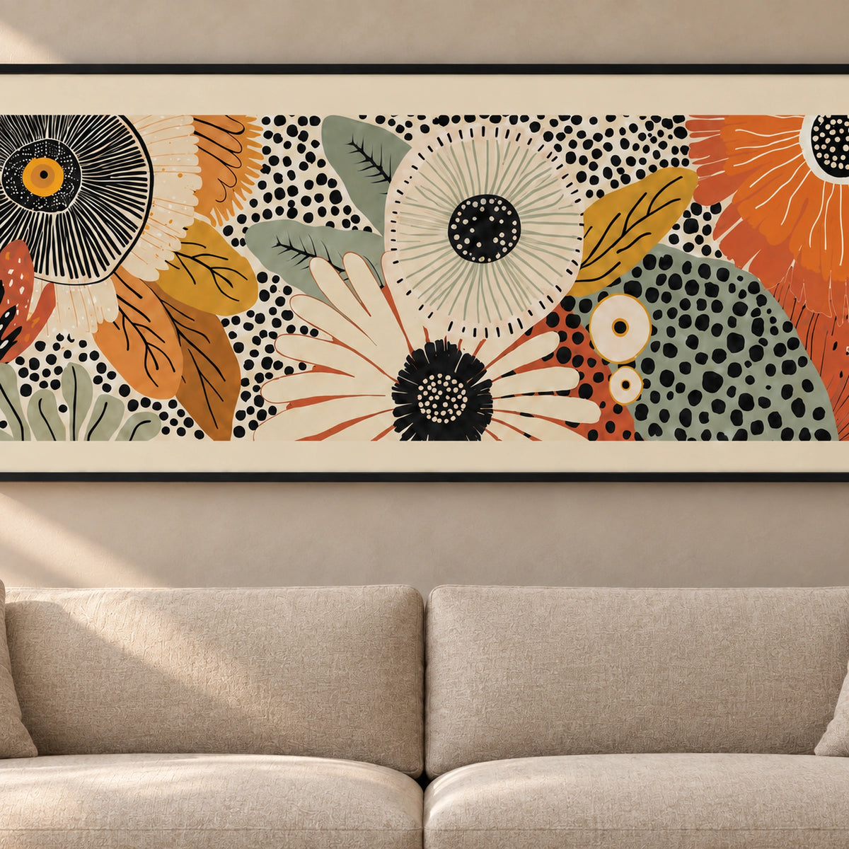 Close view of Retro Bloom floral artwork showing cream, sage, mustard and terracotta flowers