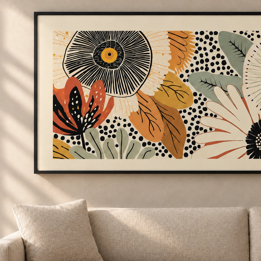 Close-up of the thin black frame, cream border and floral design of Retro Bloom wall art