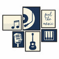 Rhythm Room six-piece music gallery in black frames, with navy-and-cream vinyl, guitar, microphone, piano keys, musical note and feel the music prints.