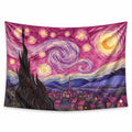 Rose Reverie wall tapestry with a swirling pink and lavender night sky, golden stars and moon, a dark cypress and a village.
