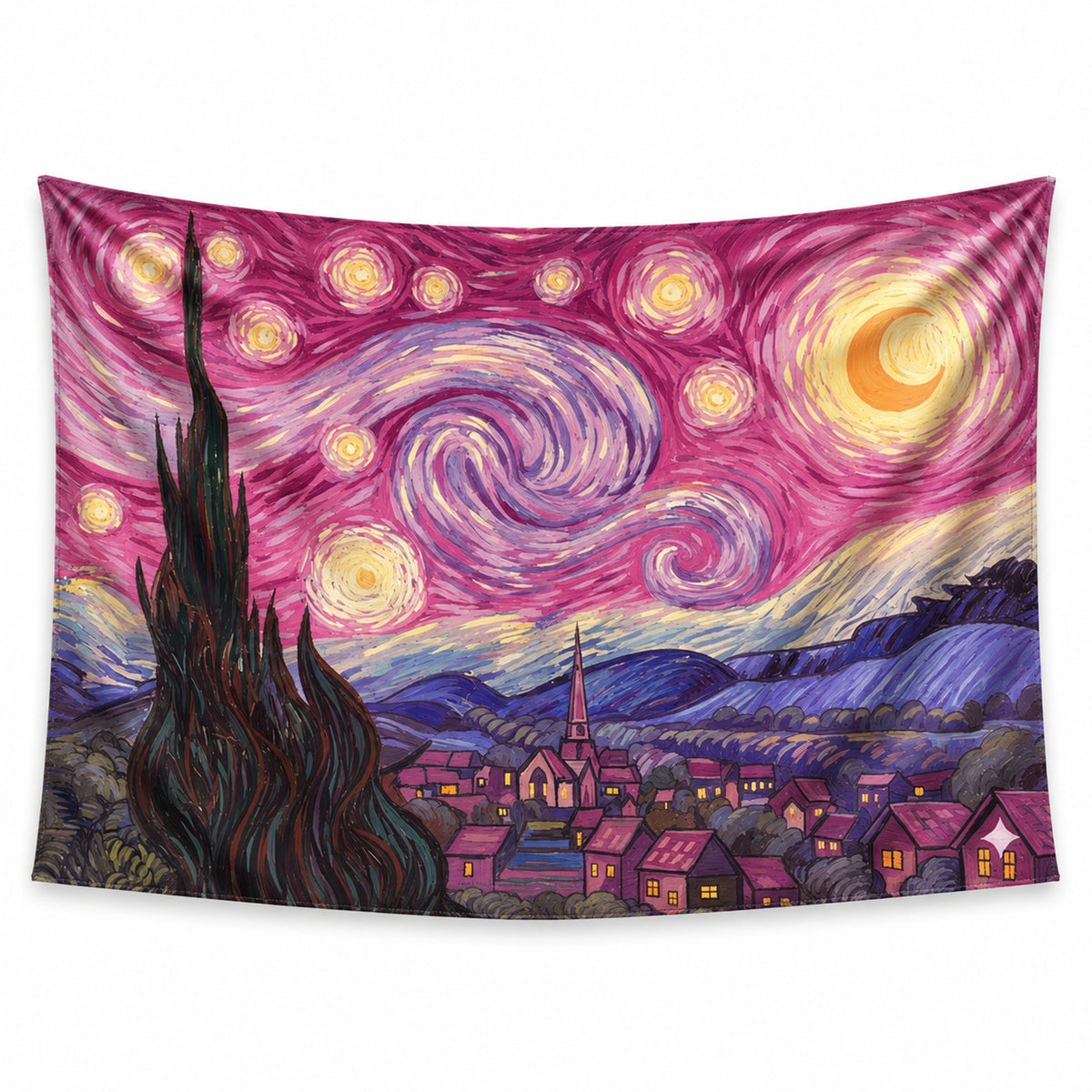 Rose Reverie wall tapestry with a swirling pink and lavender night sky, golden stars and moon, a dark cypress and a village.