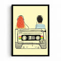 Same Frequency artwork showing two listeners wearing headphones above an oversized cassette tape on pale yellow.