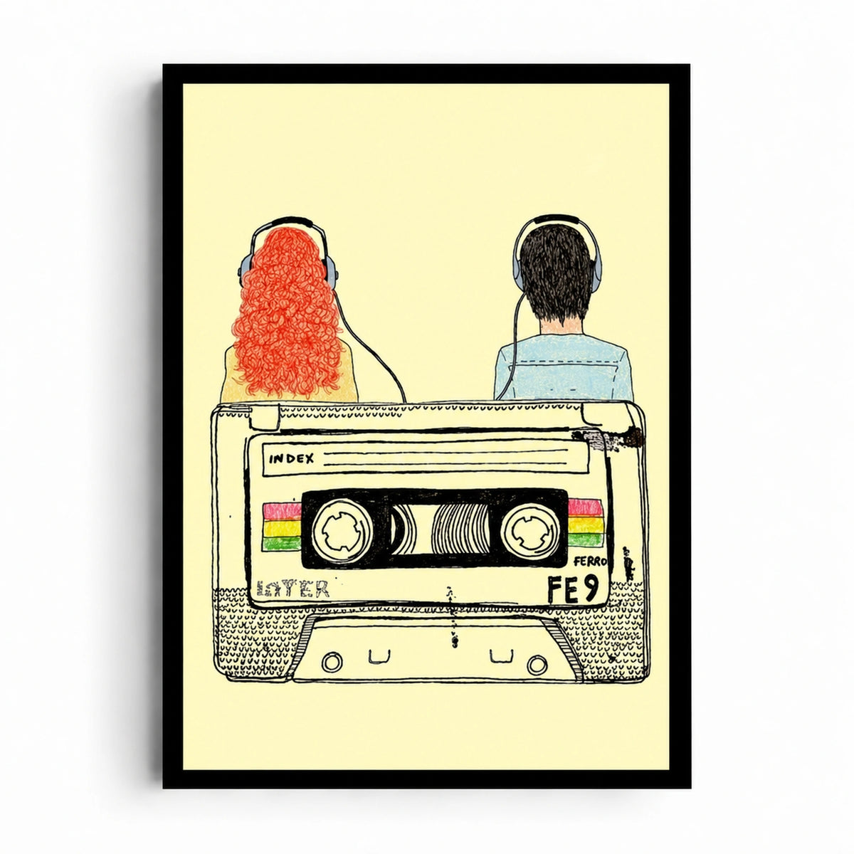 Same Frequency artwork showing two listeners wearing headphones above an oversized cassette tape on pale yellow.