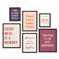Shared Table six-piece dining quote gallery set in black frames, with two small, two medium and two large prints in burgundy, blush, peach and cream.