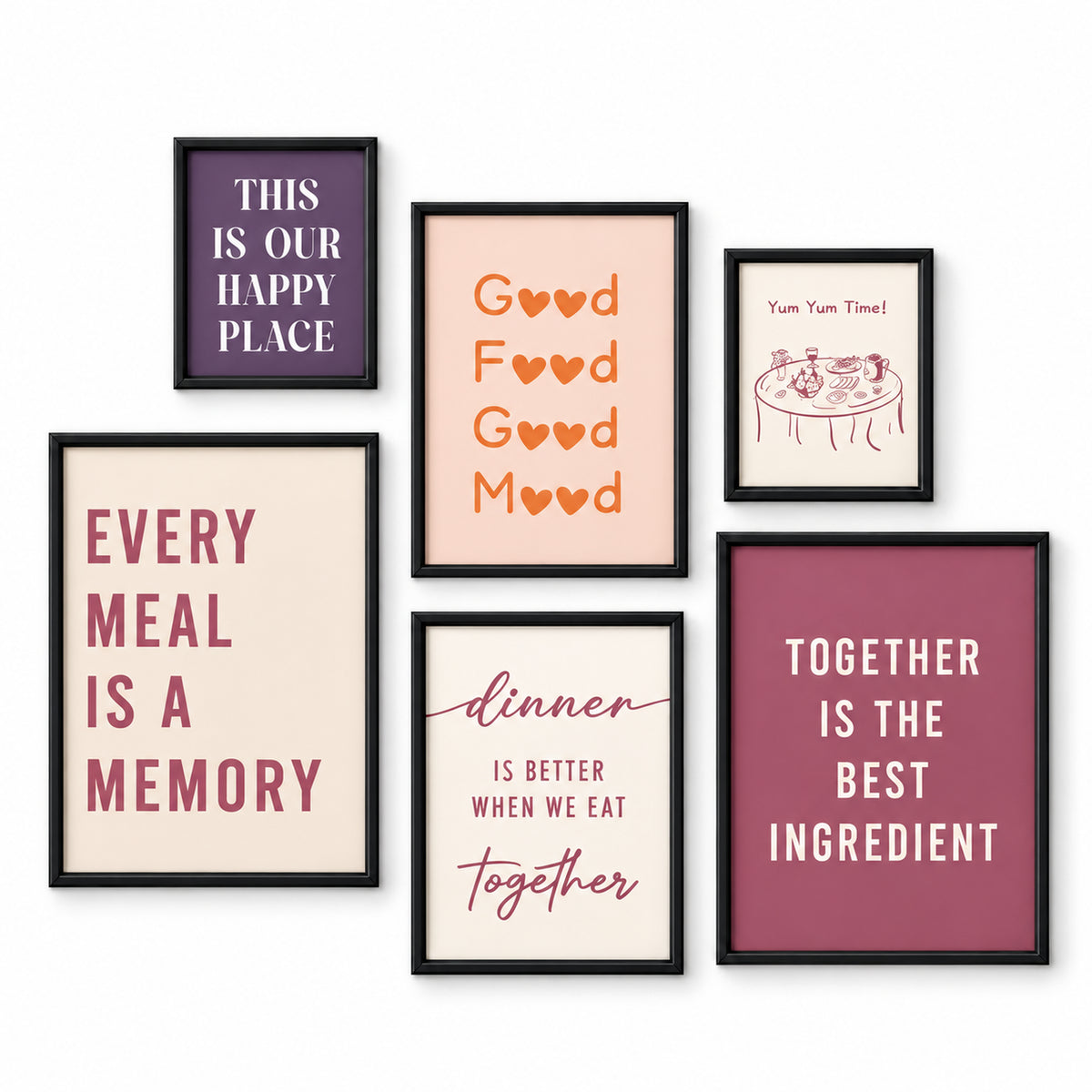 Shared Table six-piece dining quote gallery set in black frames, with two small, two medium and two large prints in burgundy, blush, peach and cream.