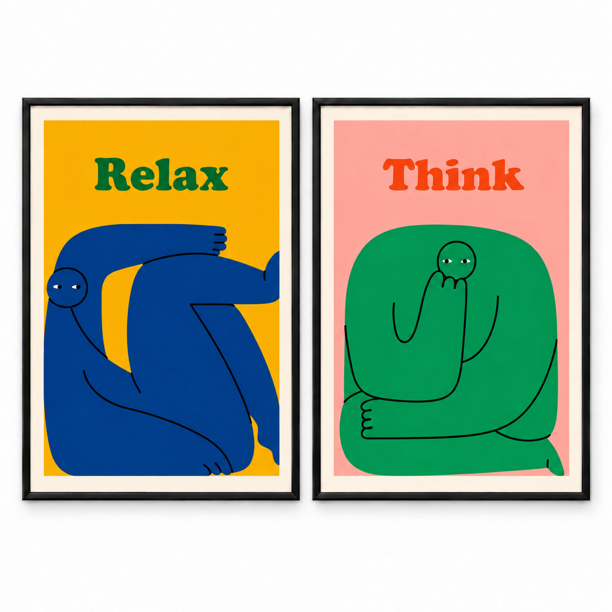Slow Mode pair of black-framed Relax and Think prints with blue and green illustrated figures on yellow and pink backgrounds.