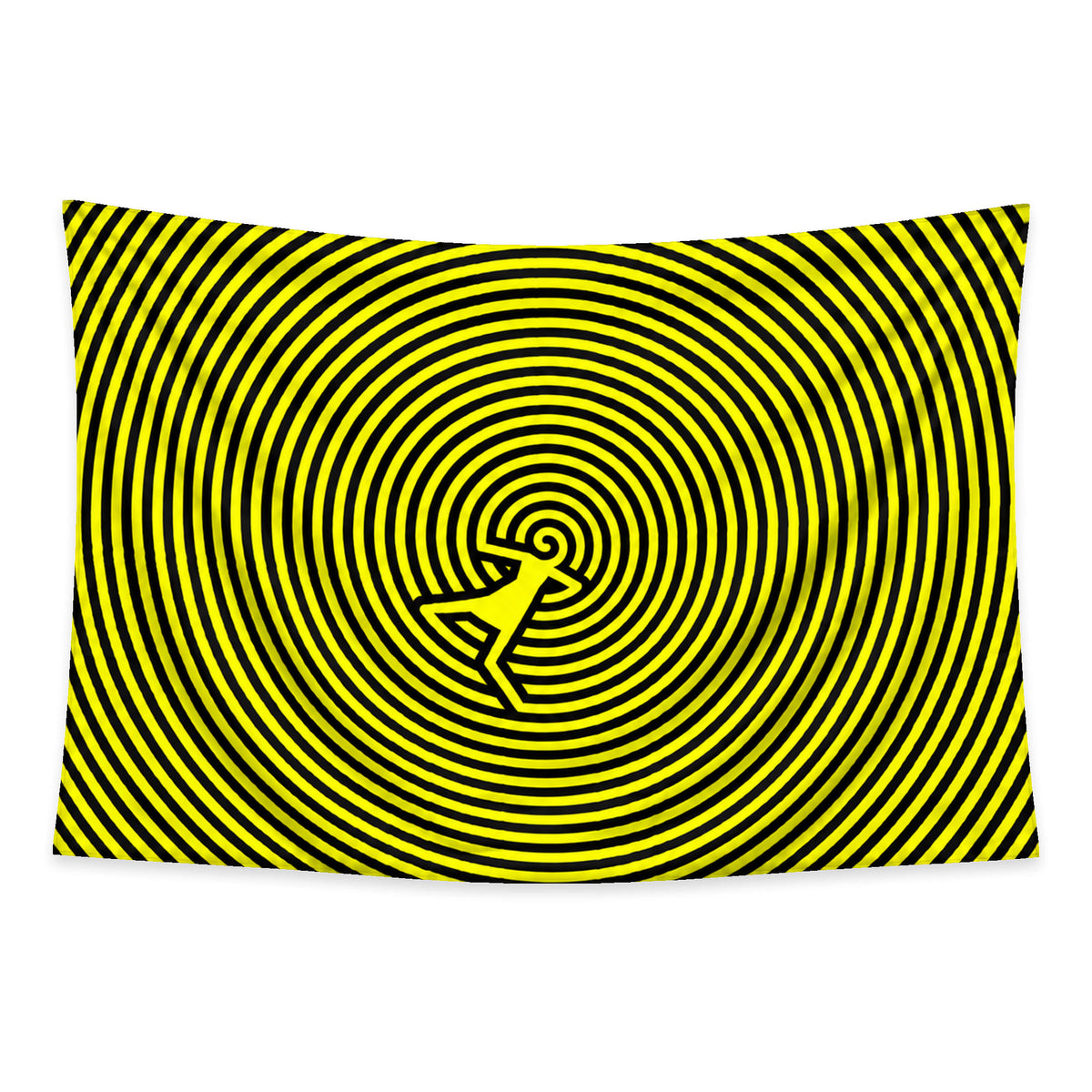 Spiral Escape wall tapestry with electric-yellow and black spiral rings and a small angular figure crossing the center.
