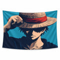 Straw Hat Spirit wall tapestry with a shadowed anime pirate holding the brim of a straw hat with a red band against a teal background.