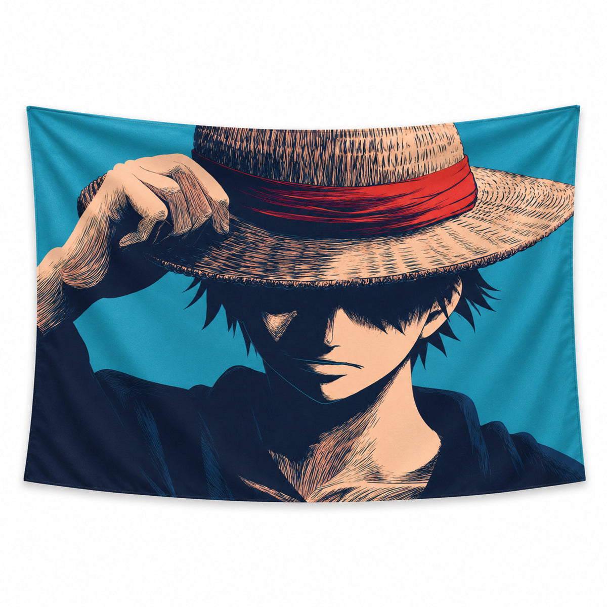 Straw Hat Spirit wall tapestry with a shadowed anime pirate holding the brim of a straw hat with a red band against a teal background.