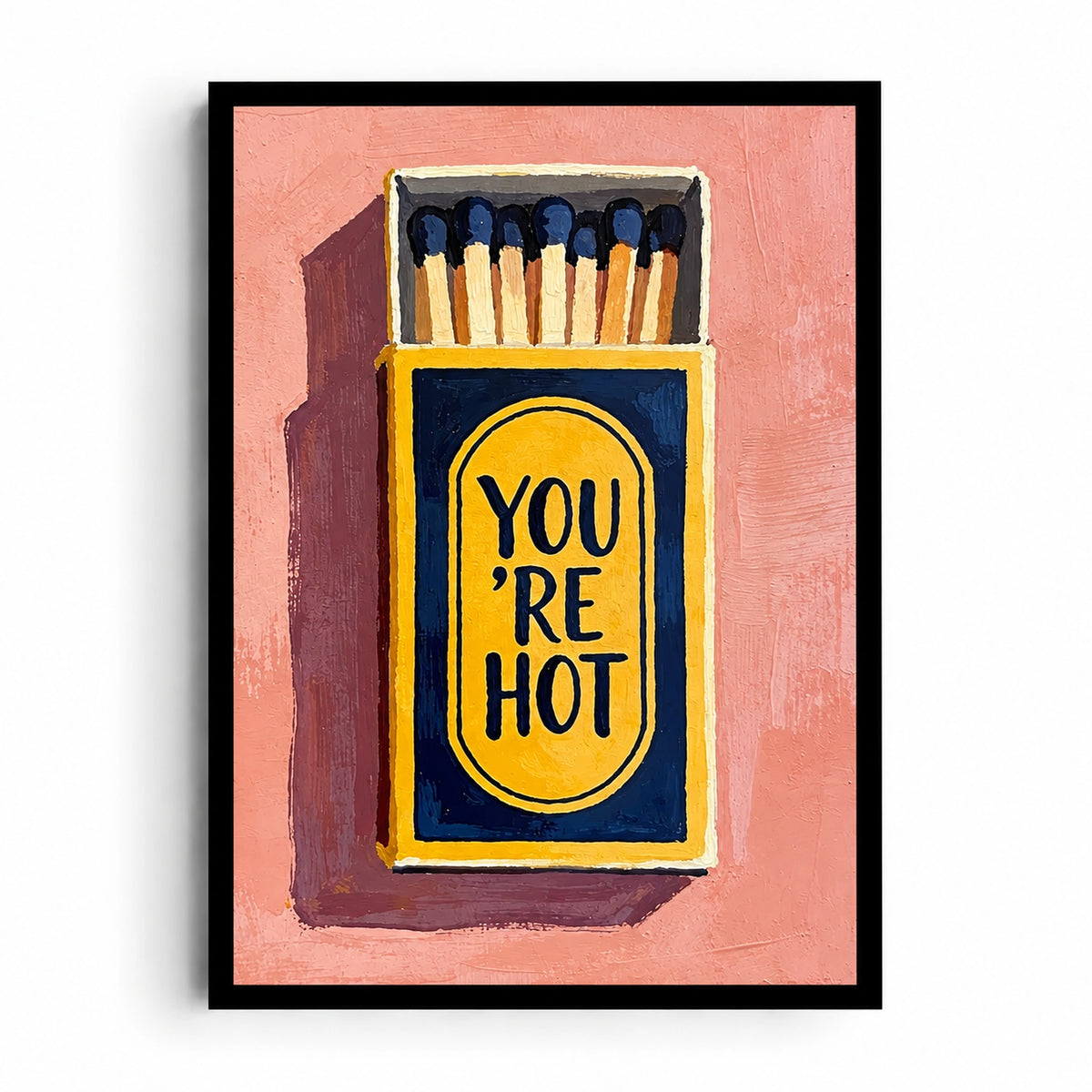 Strike a Spark artwork showing an open navy-and-yellow matchbox labelled YOU’RE HOT on a warm pink background.