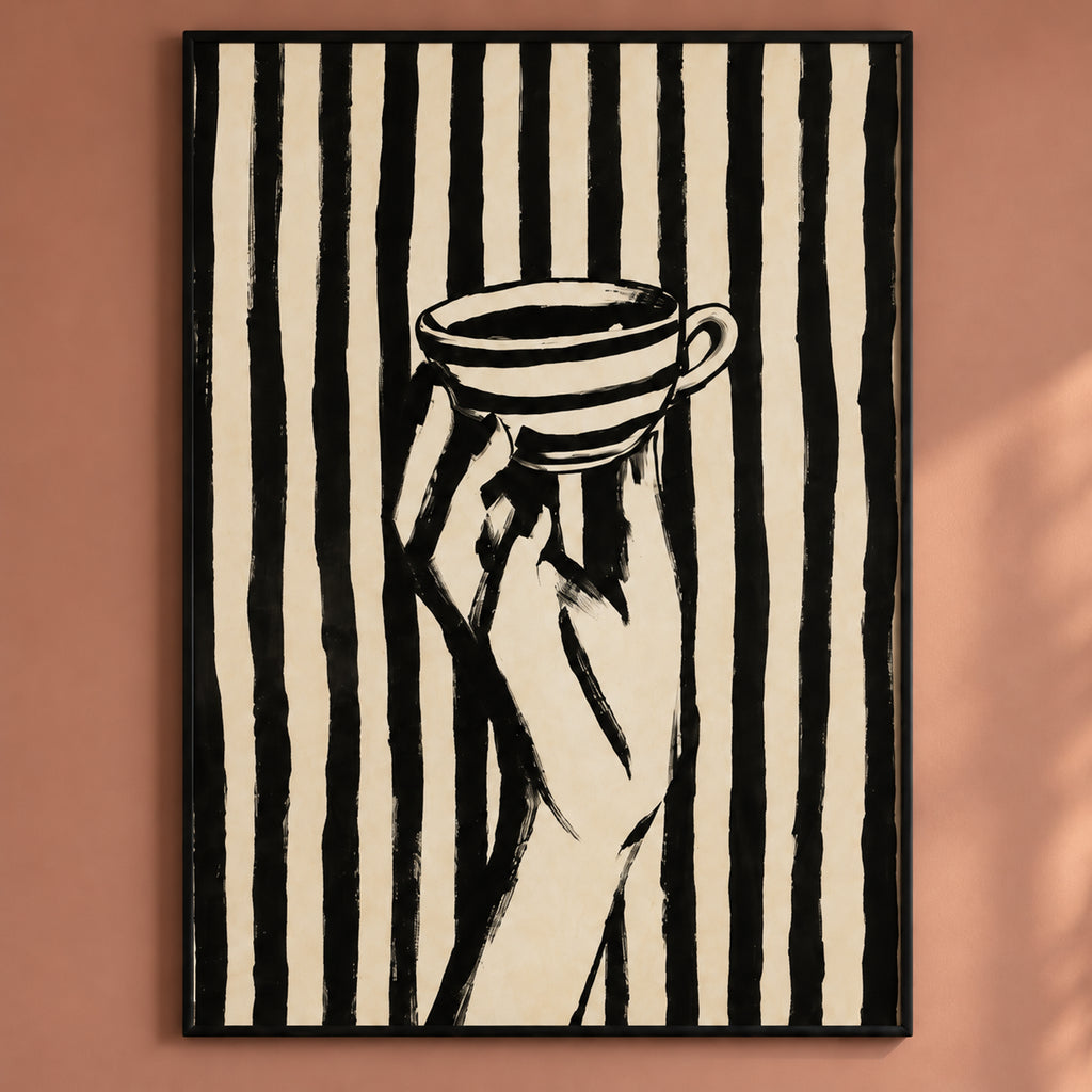 Artwork close-up of The Espresso Hour: a hand holding a striped cup against irregular vertical stripes in black and warm ivory.