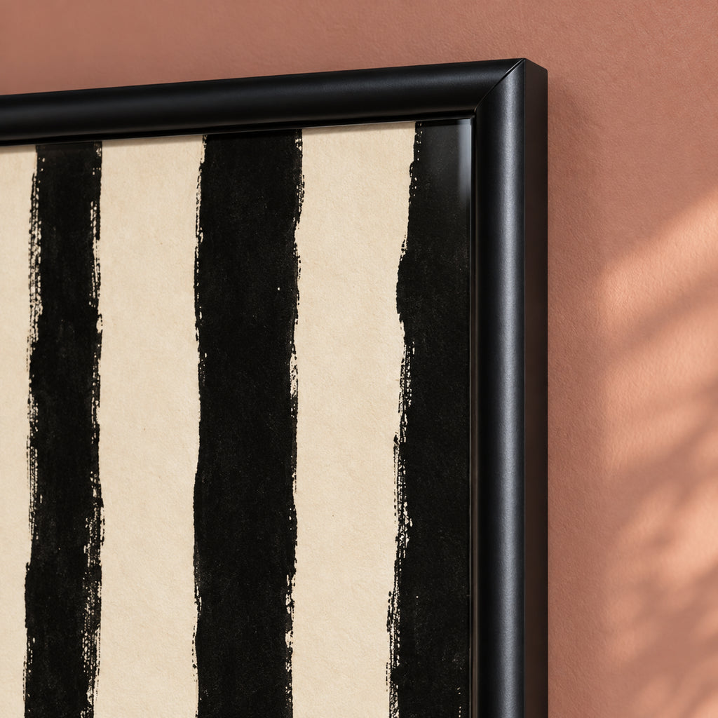Top-right frame detail of The Espresso Hour, showing the rounded black profile, mitred corner and black-and-ivory stripes.