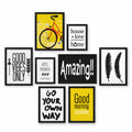 Sunny Side gallery set of eight black frames with yellow bicycle and sunshine prints, positive quotes, home messages and black feathers.