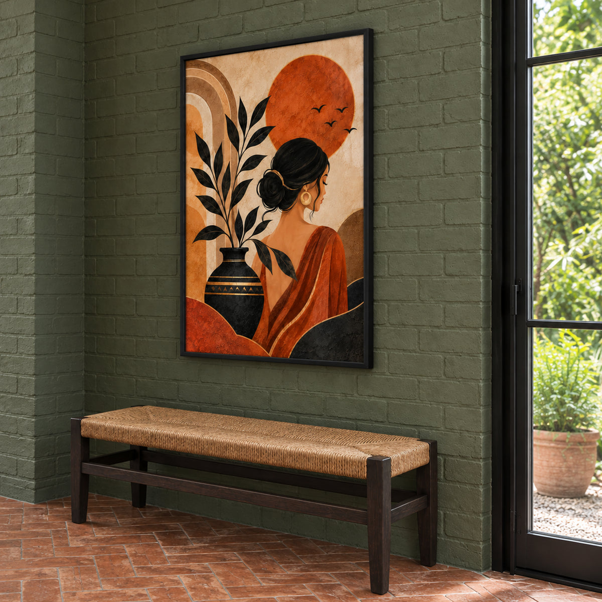Angled view of The Terracotta Muse showing its slim black frame against an olive-green brick wall beside a window.