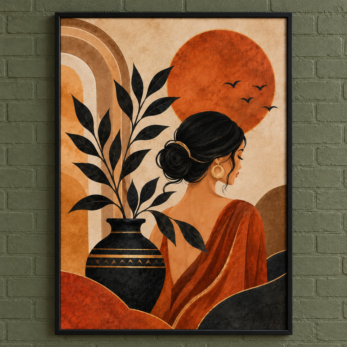 Artwork close-up of a woman in rust-coloured drapery beside a black vase and leafy branches, beneath a terracotta sun and birds.