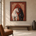 Front view of The Arabian Duet: white and black horses with red halters against a red and ivory floral backdrop, in a thin black frame above a walnut bench.