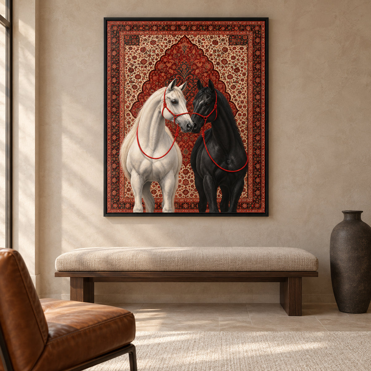 Front view of The Arabian Duet: white and black horses with red halters against a red and ivory floral backdrop, in a thin black frame above a walnut bench.