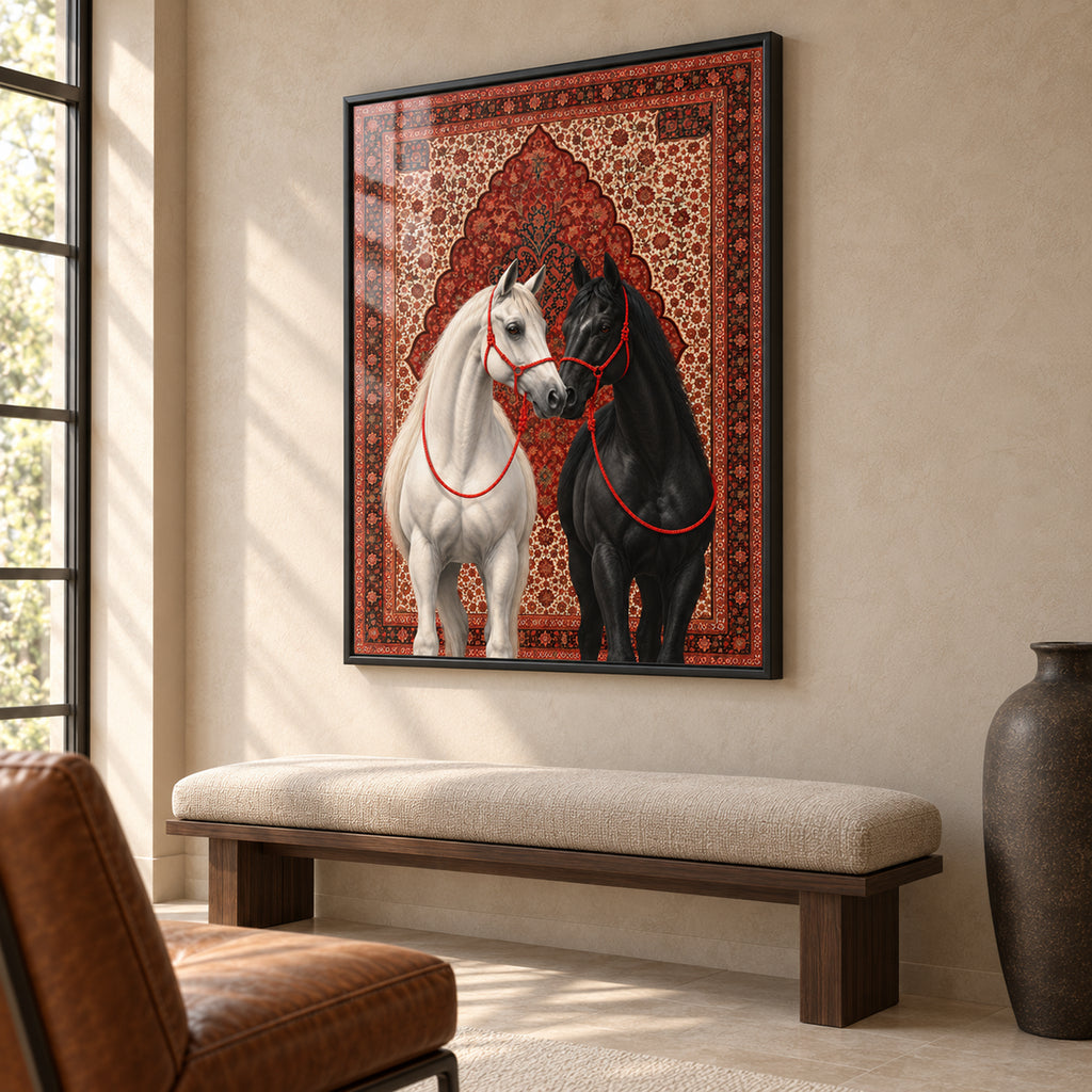 Angled view of The Arabian Duet showing the complete two-horse artwork, slim black frame depth and subtle glass reflections in a warm neutral interior.
