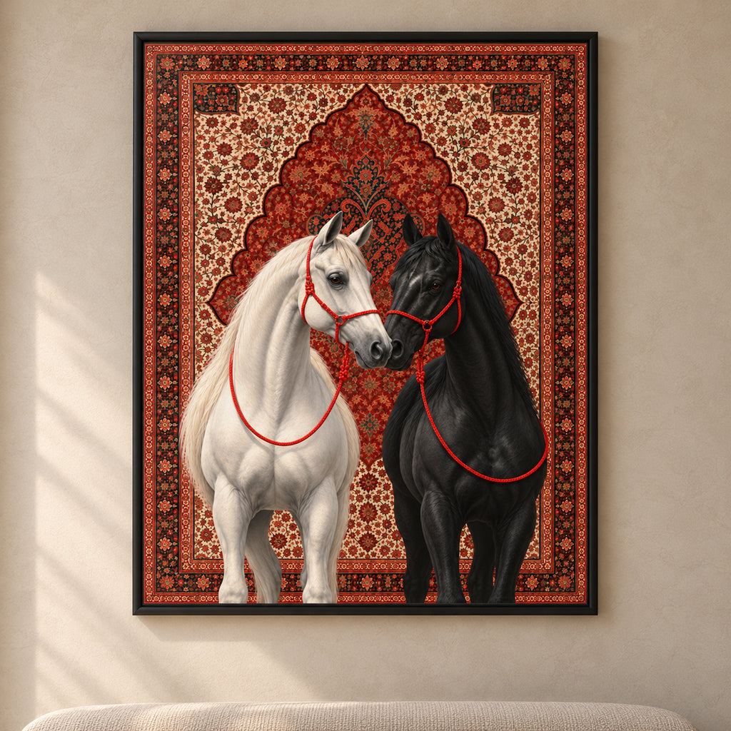 Frontal close-up of The Arabian Duet showing the white and black horses, red rope halters and ornamental floral borders, with all four black frame edges visible.