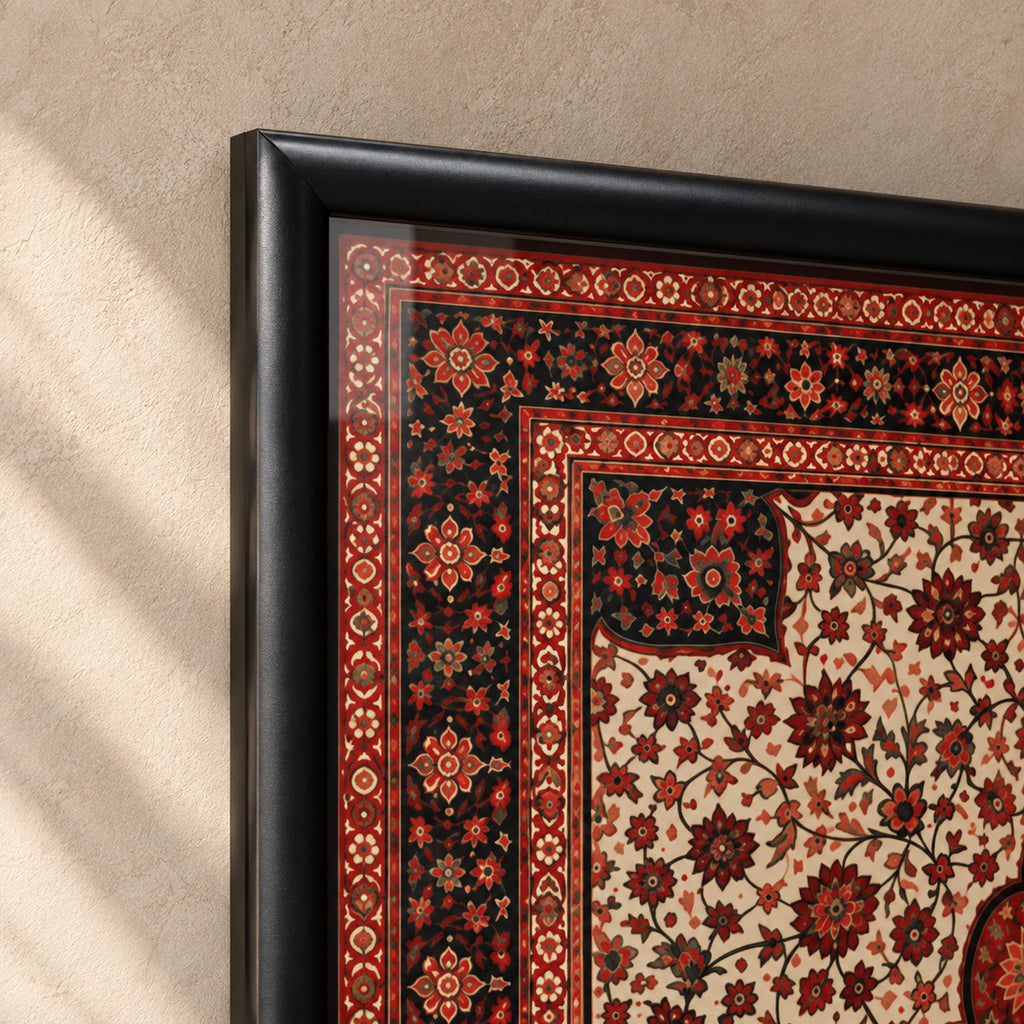 Top-left frame detail of The Arabian Duet showing the mitred joint, rounded satin-black molding and adjacent red, ivory and black floral print behind glass.