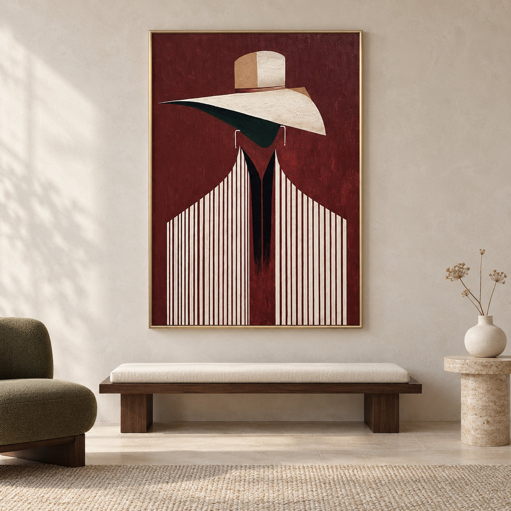 Front view of The Burgundy Muse: a burgundy fashion portrait with an ivory hat and pinstriped jacket in a thin gold frame above a walnut bench.