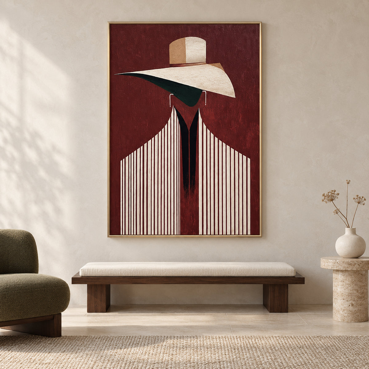 Front view of The Burgundy Muse: a burgundy fashion portrait with an ivory hat and pinstriped jacket in a thin gold frame above a walnut bench.