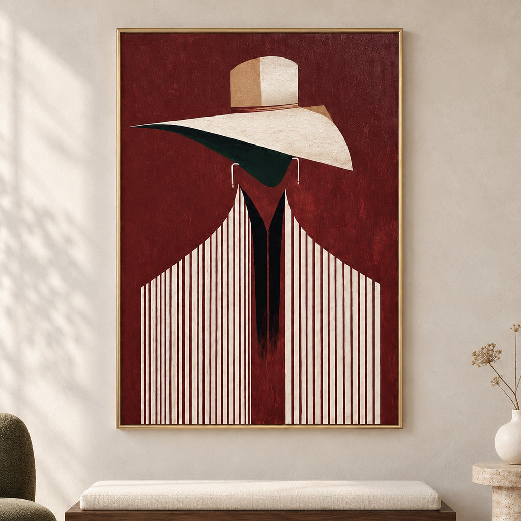 Close frontal view of The Burgundy Muse with all four gold frame edges, an ivory wide-brimmed hat, dark silhouette and cream pinstriped jacket.