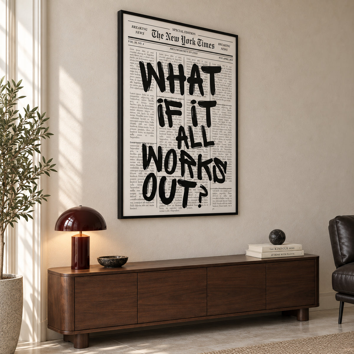 Angled view of The Optimist’s Edition showing the complete newspaper artwork, slim black frame depth and subtle glass reflections in the same warm interior.