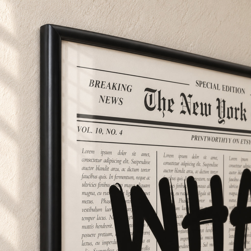 Top-left corner of The Optimist’s Edition frame, showing the mitred joint, rounded satin-black molding and adjacent newspaper print behind glass.