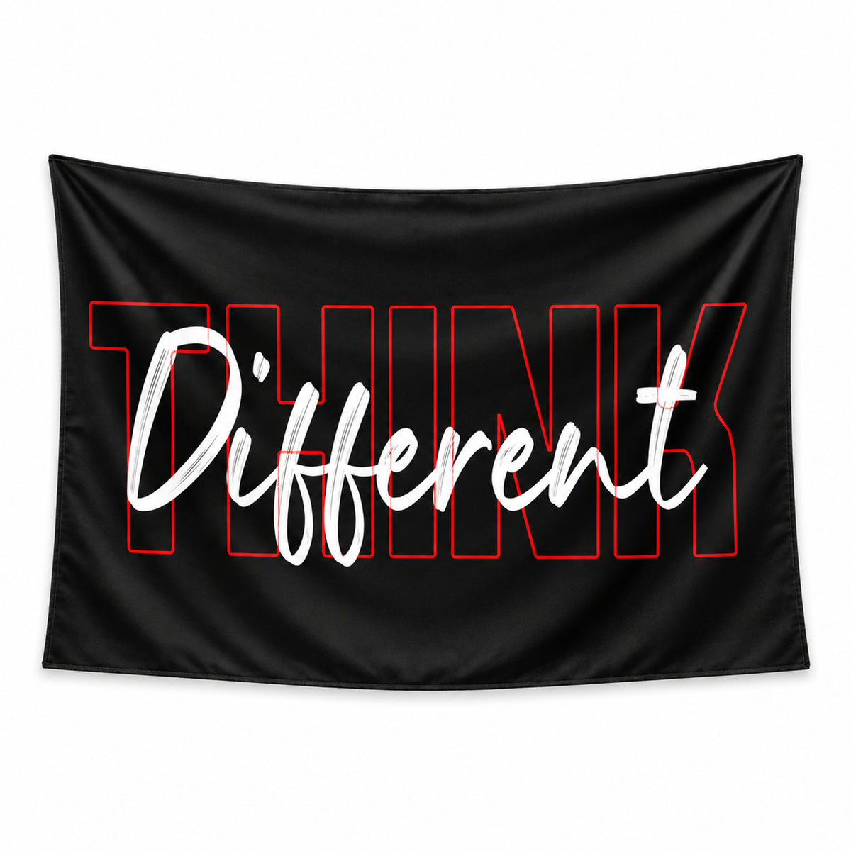 Black Think Different wall tapestry with red outline lettering and white handwritten script.