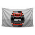 Trail Reflection wall tapestry featuring a front-facing orange-red Jeep and its reflection on a pale grey background.